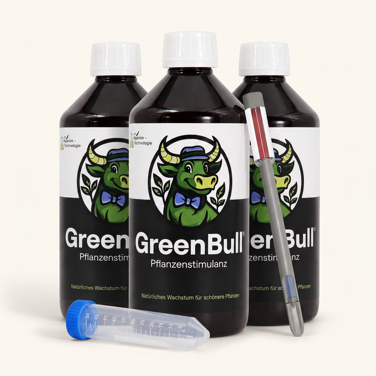 3 Flaschen GreenBull mit Messflacon und Gießanzeiger